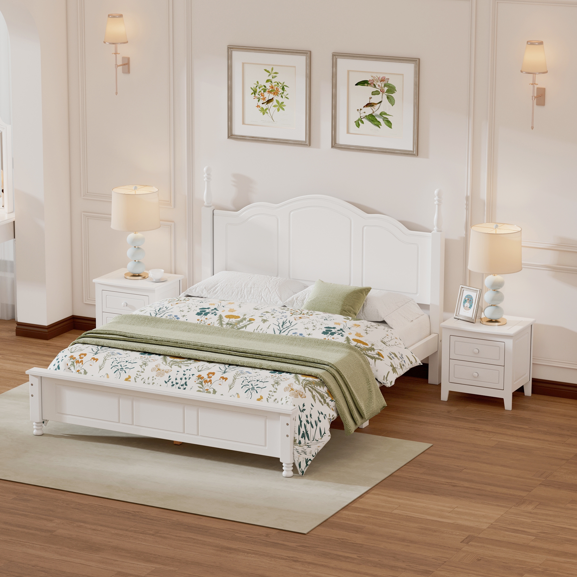 3-Pieces Bedroom Sets,Queen Size Wood Platform Bed and Two Nightstands-White - Image 2