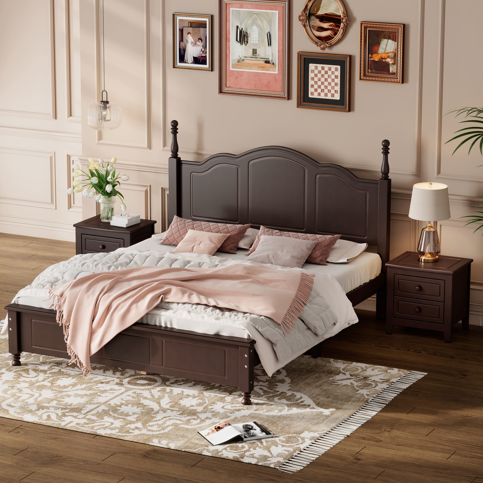 3-Pieces Bedroom Sets,Queen Size Wood Platform Bed and Two Nightstands-Dark Walnut - Image 2