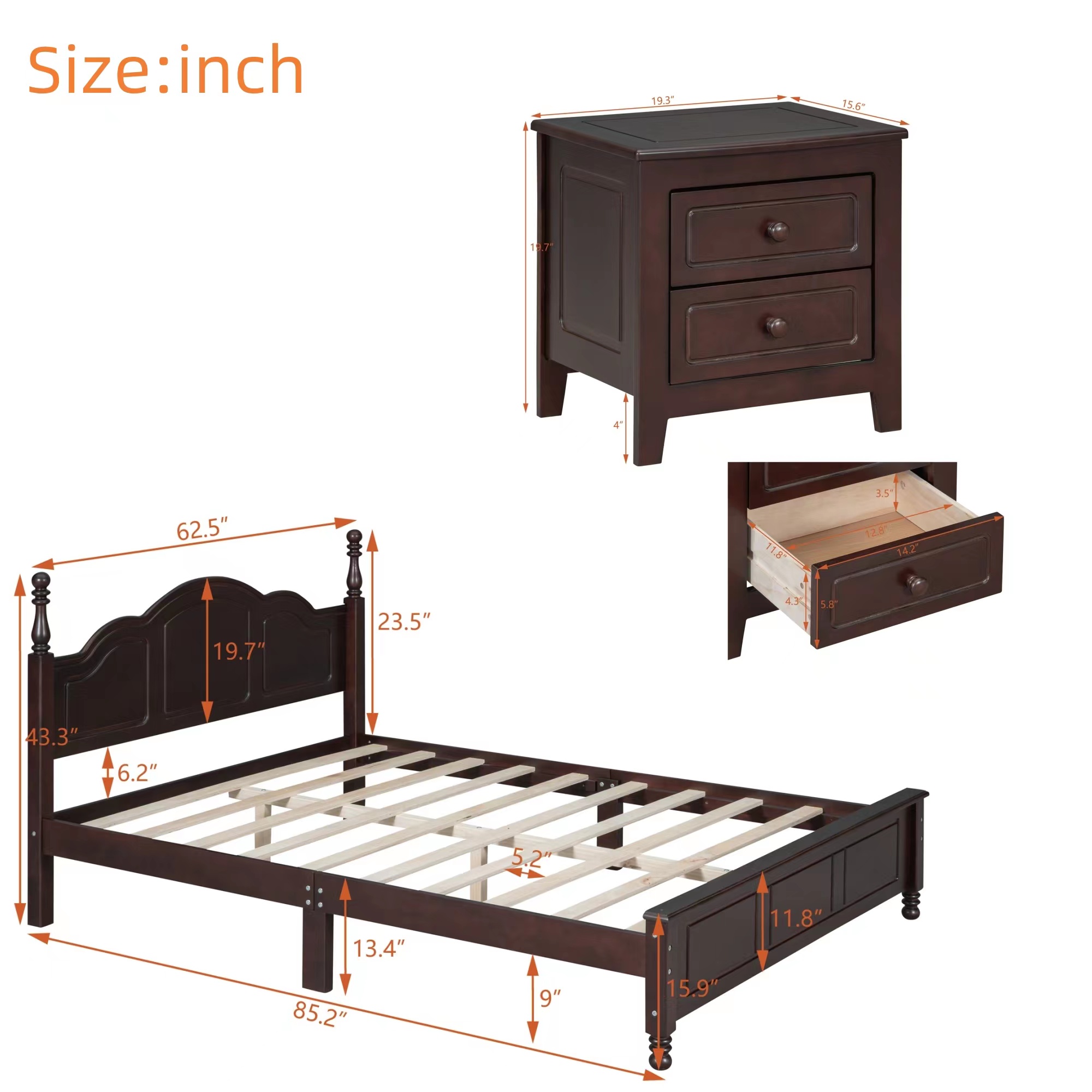 3-Pieces Bedroom Sets,Queen Size Wood Platform Bed and Two Nightstands-Dark Walnut - Image 3