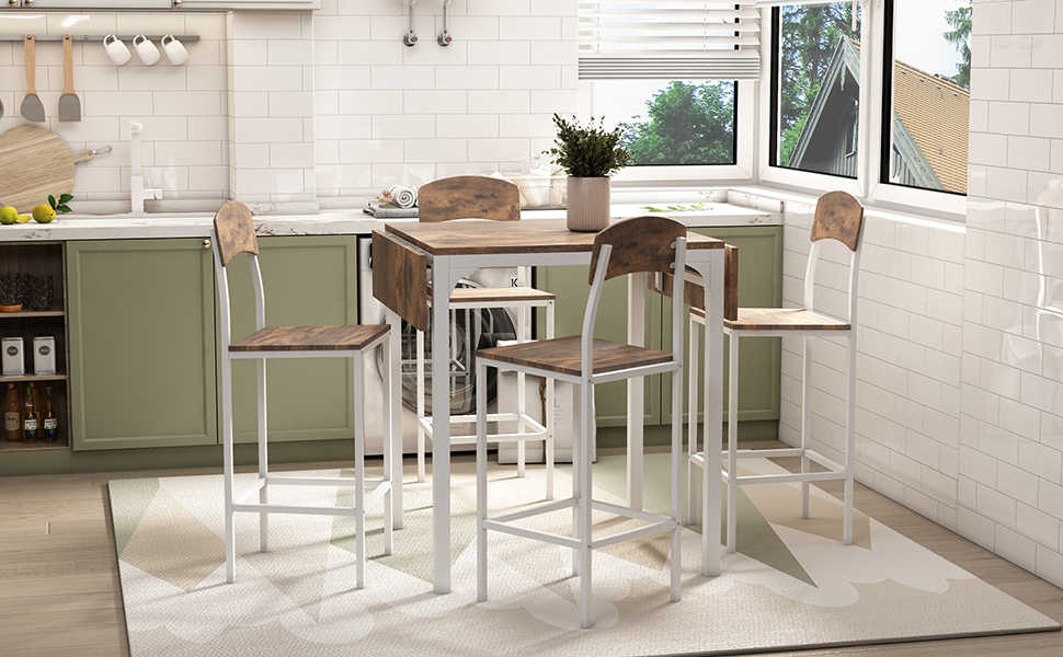 TOPMAX Farmhouse 5-piece Counter Height Drop Leaf Dining Table Set with Dining Chairs for 4,White Frame+ Rustic Brown Tabletop - Image 2