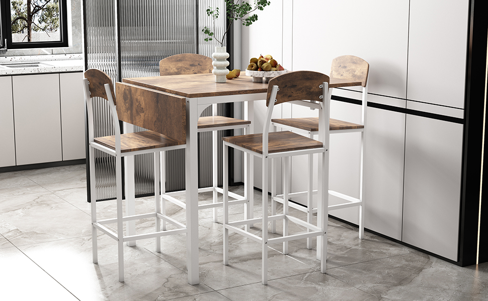 TOPMAX Farmhouse 5-piece Counter Height Drop Leaf Dining Table Set with Dining Chairs for 4,White Frame+ Rustic Brown Tabletop - Image 3