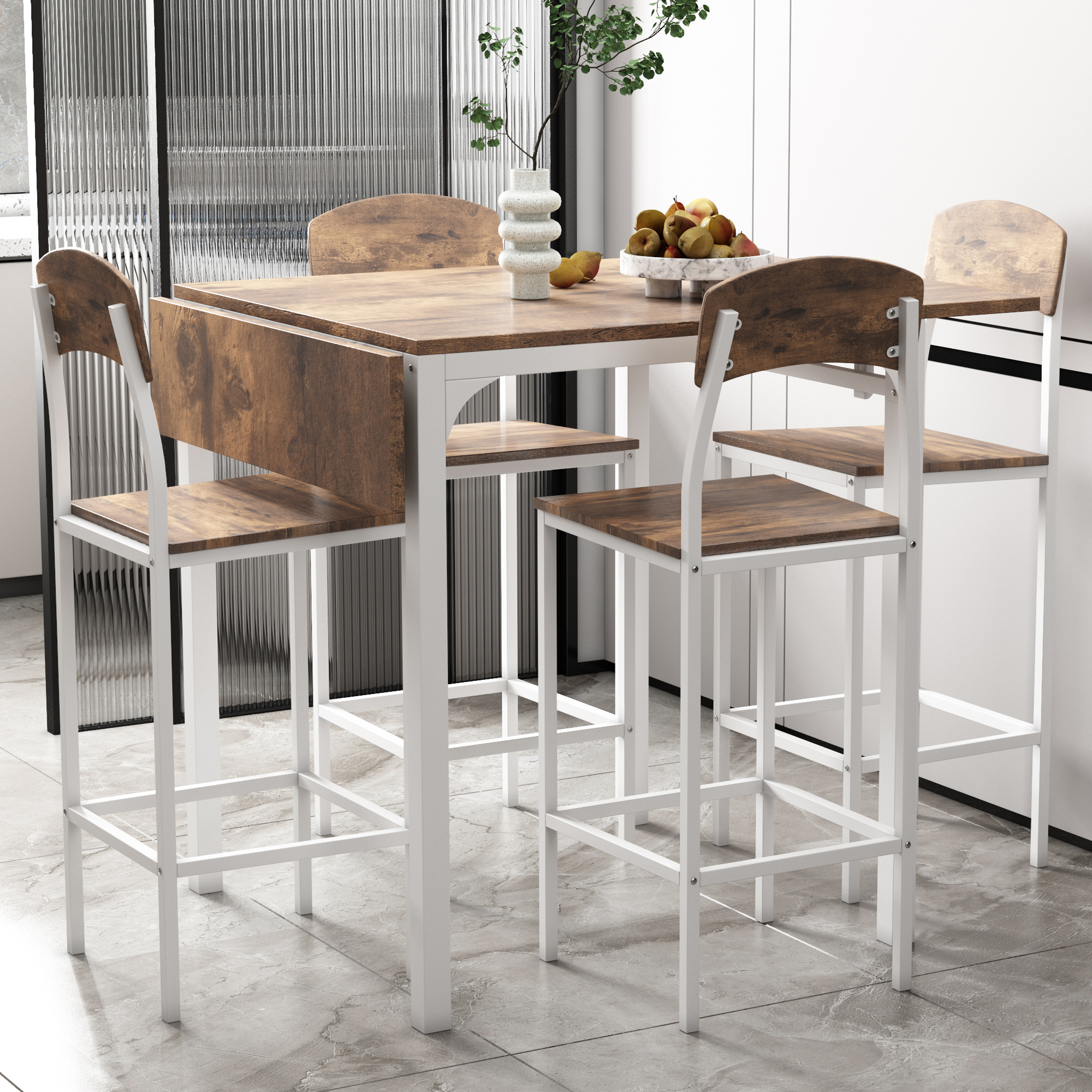 TOPMAX Farmhouse 5-piece Counter Height Drop Leaf Dining Table Set with Dining Chairs for 4,White Frame+ Rustic Brown Tabletop - Image 4