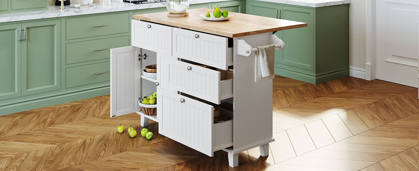 TOPMAX Farmhouse Kitchen Island Set with Drop Leaf and 2 Seatings,Dining Table Set with Storage Cabinet, Drawers and Towel Rack, White+Rustic Brown - Image 3