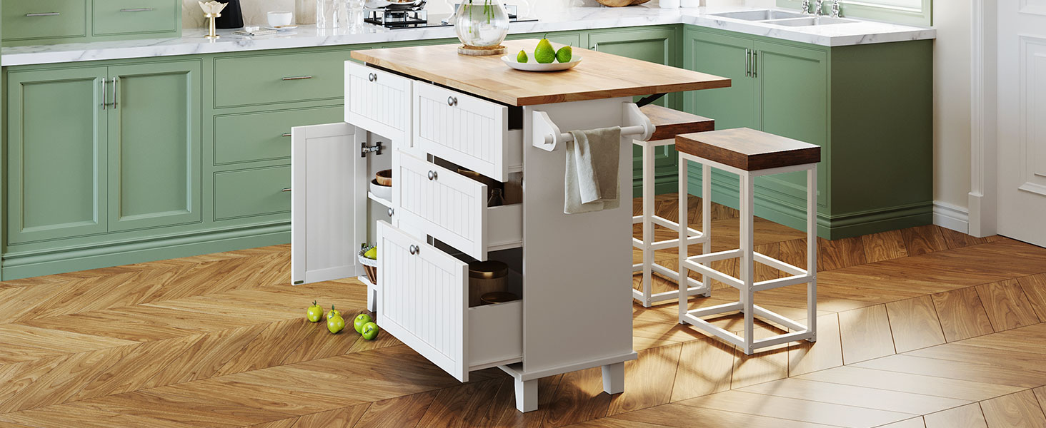 TOPMAX Farmhouse Kitchen Island Set with Drop Leaf and 2 Seatings,Dining Table Set with Storage Cabinet, Drawers and Towel Rack, White+Rustic Brown - Image 2