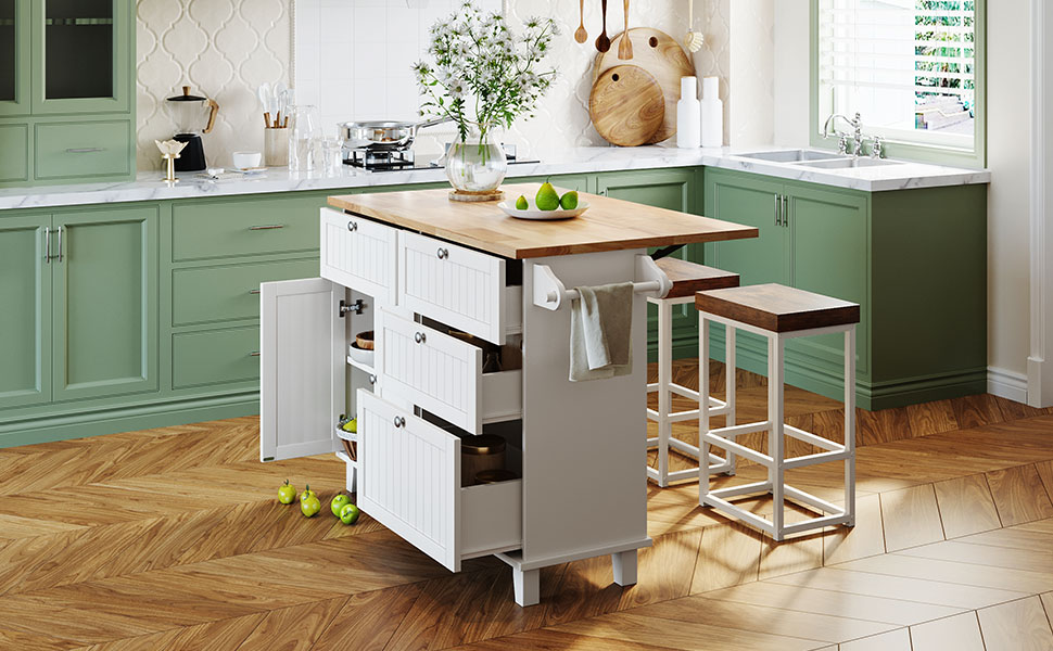 TOPMAX Farmhouse Kitchen Island Set with Drop Leaf and 2 Seatings,Dining Table Set with Storage Cabinet, Drawers and Towel Rack, White+Rustic Brown - Image 4