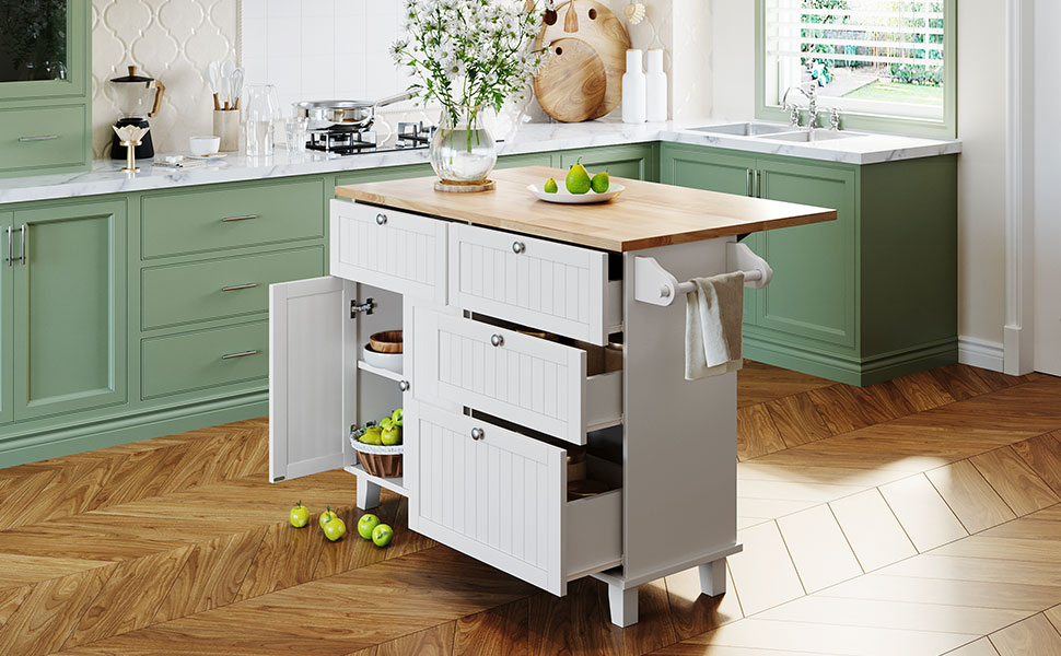 TOPMAX Farmhouse Kitchen Island Set with Drop Leaf and 2 Seatings,Dining Table Set with Storage Cabinet, Drawers and Towel Rack, White+Rustic Brown - Image 5