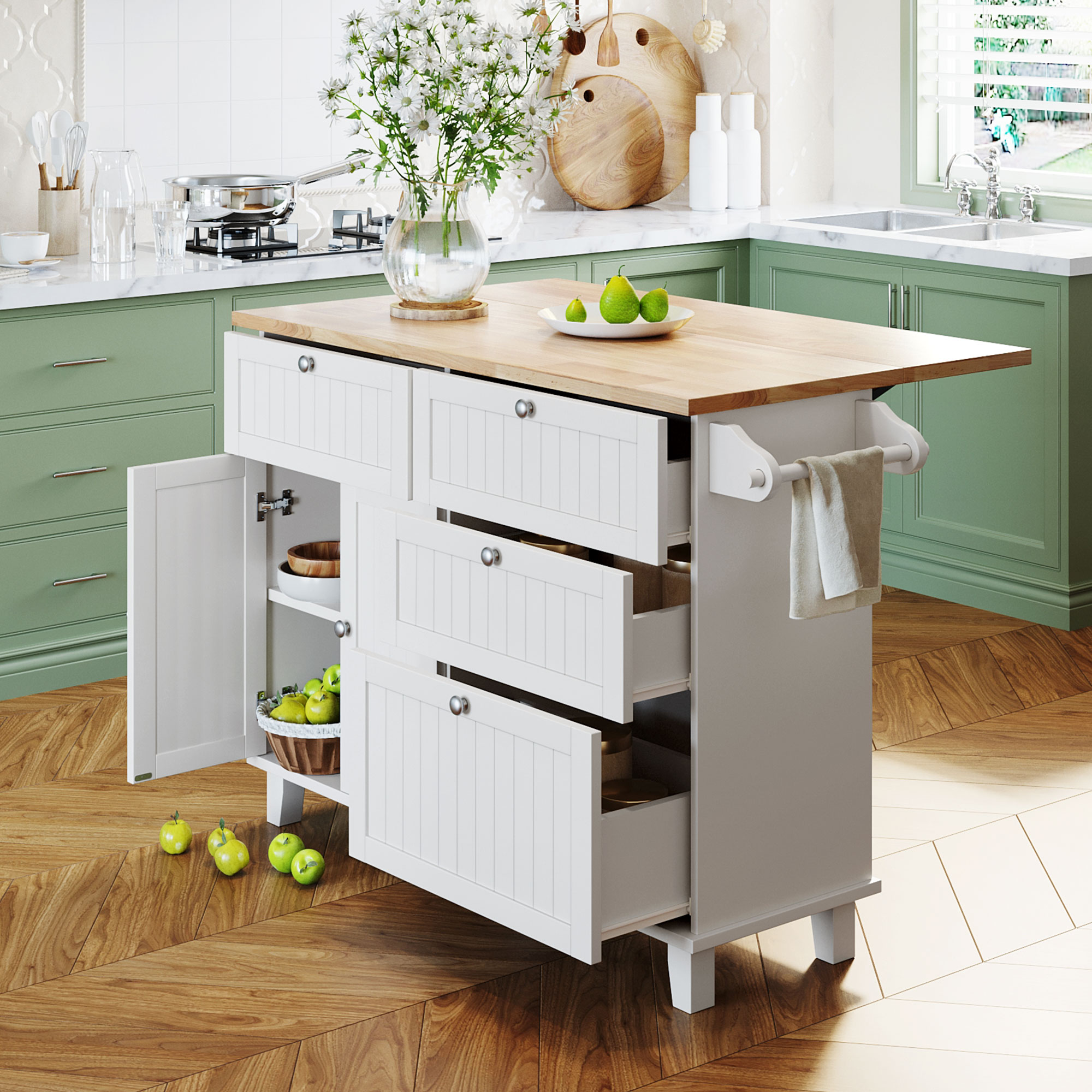 TOPMAX Farmhouse Kitchen Island Set with Drop Leaf and 2 Seatings,Dining Table Set with Storage Cabinet, Drawers and Towel Rack, White+Rustic Brown - Image 6