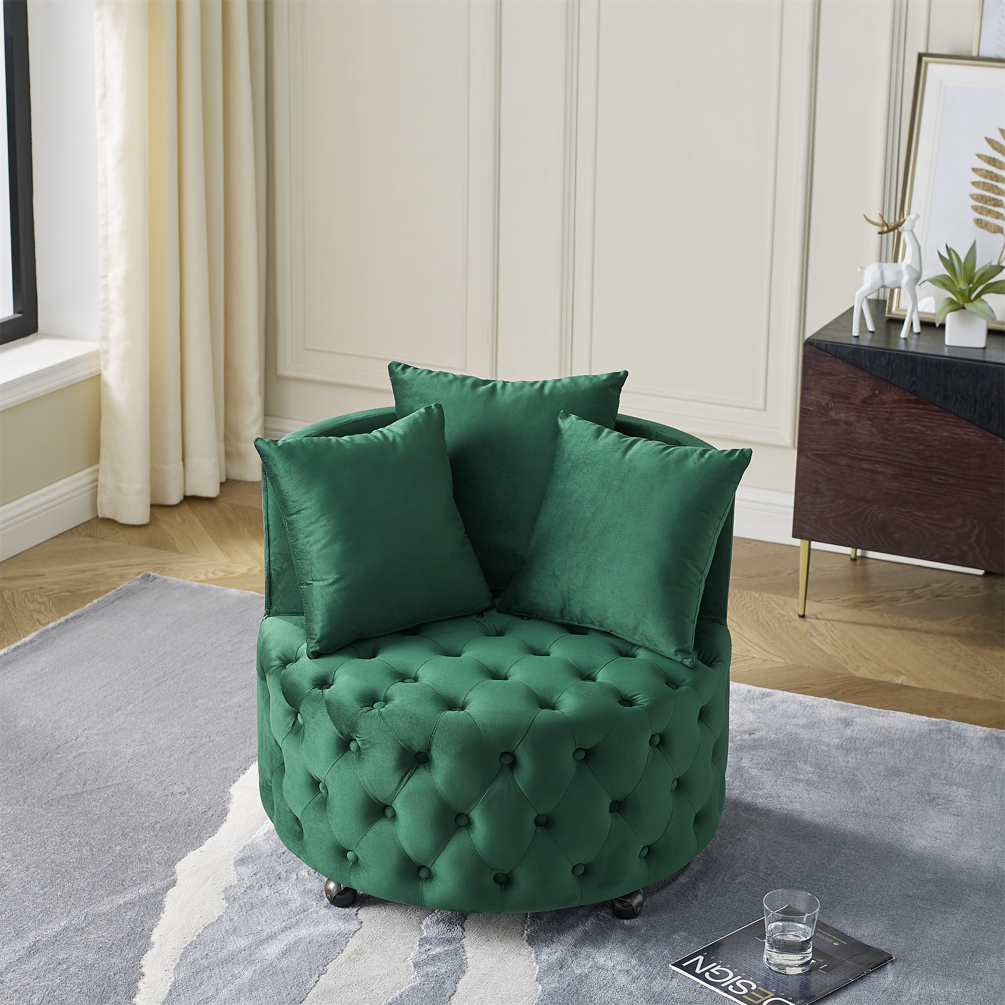 Velvet Upholstered Swivel Chair for Living Room, with Button Tufted Design and Movable Wheels, Including 3 Pillows, Green - Image 2
