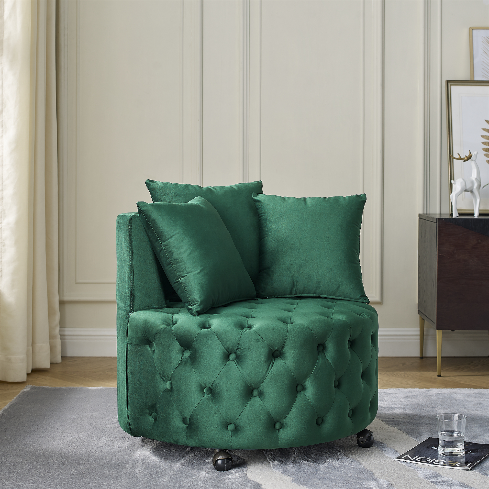 Velvet Upholstered Swivel Chair for Living Room, with Button Tufted Design and Movable Wheels, Including 3 Pillows, Green - Image 3