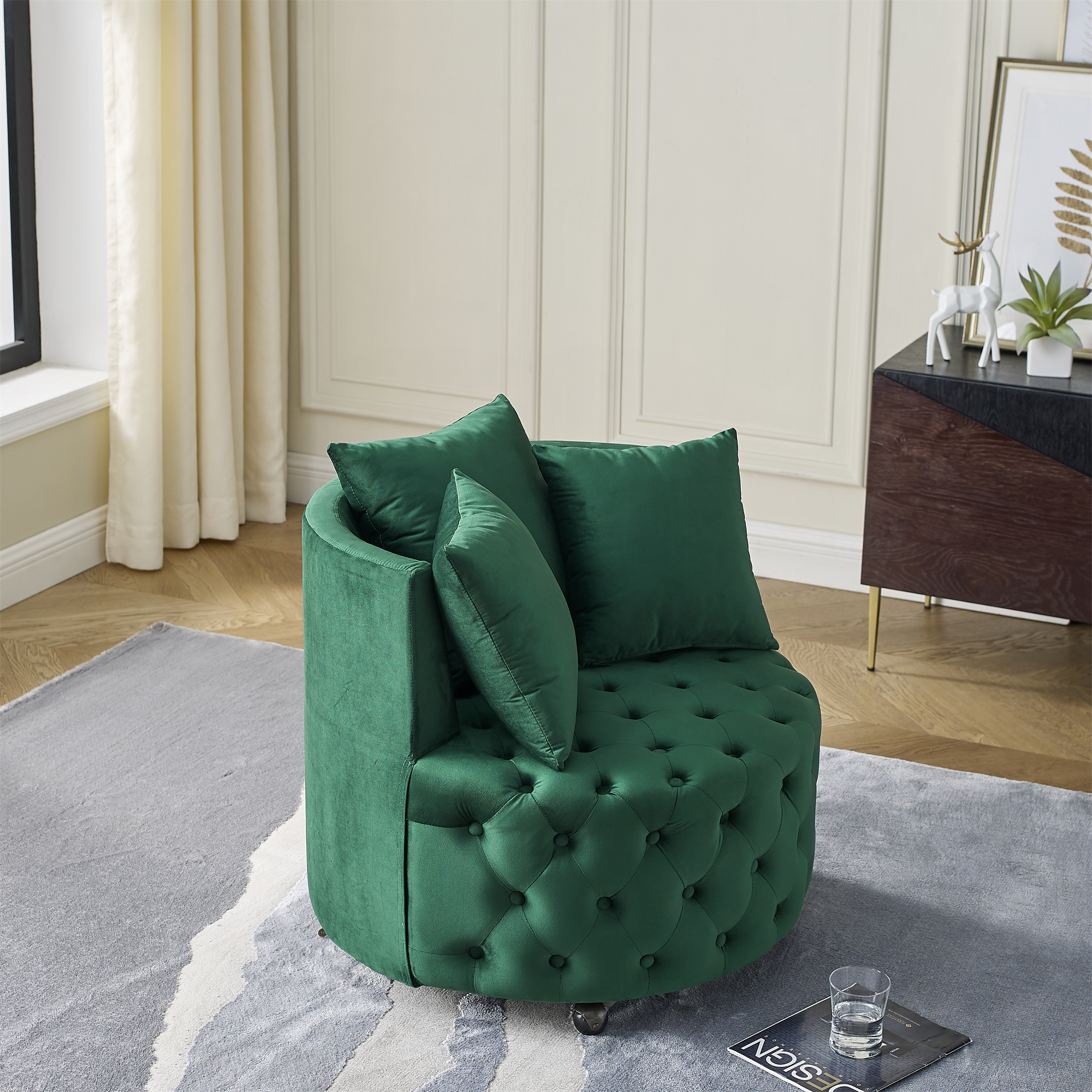 Velvet Upholstered Swivel Chair for Living Room, with Button Tufted Design and Movable Wheels, Including 3 Pillows, Green - Image 4