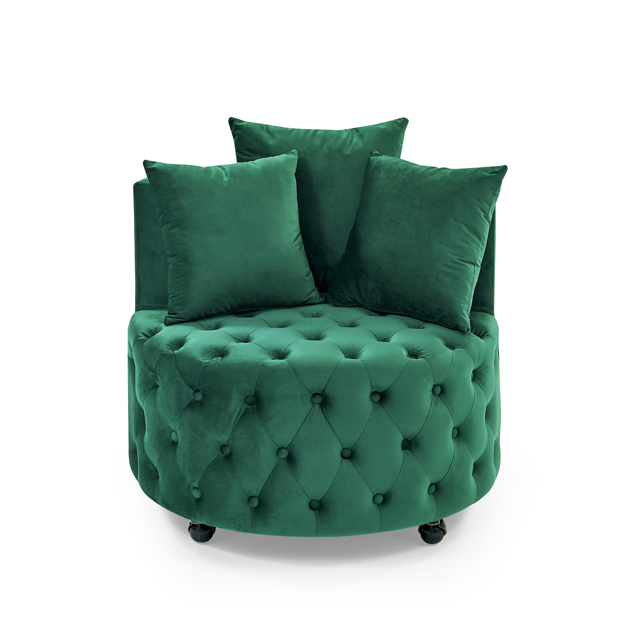 Velvet Upholstered Swivel Chair for Living Room, with Button Tufted Design and Movable Wheels, Including 3 Pillows, Green - Image 5