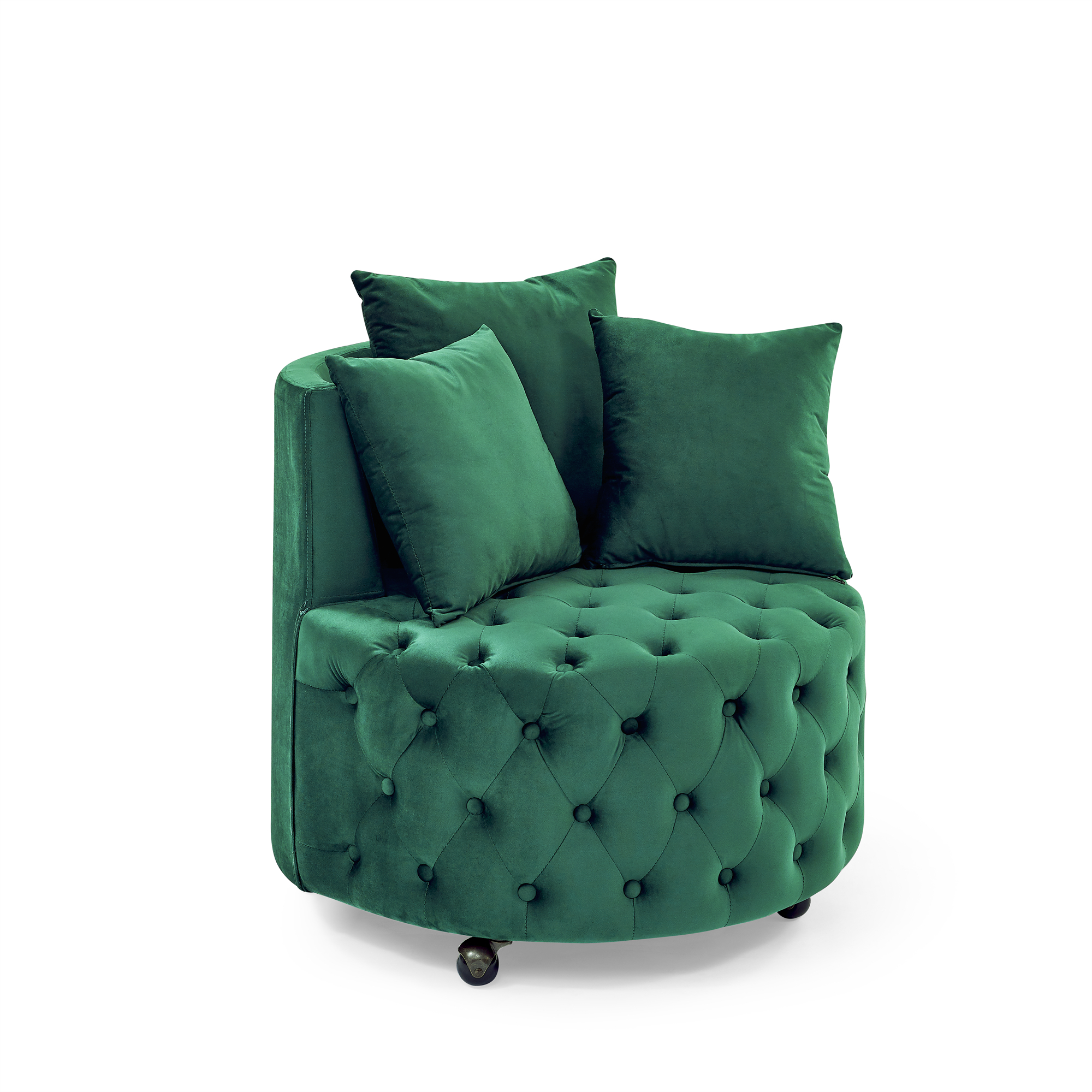 Velvet Upholstered Swivel Chair for Living Room, with Button Tufted Design and Movable Wheels, Including 3 Pillows, Green - Image 6