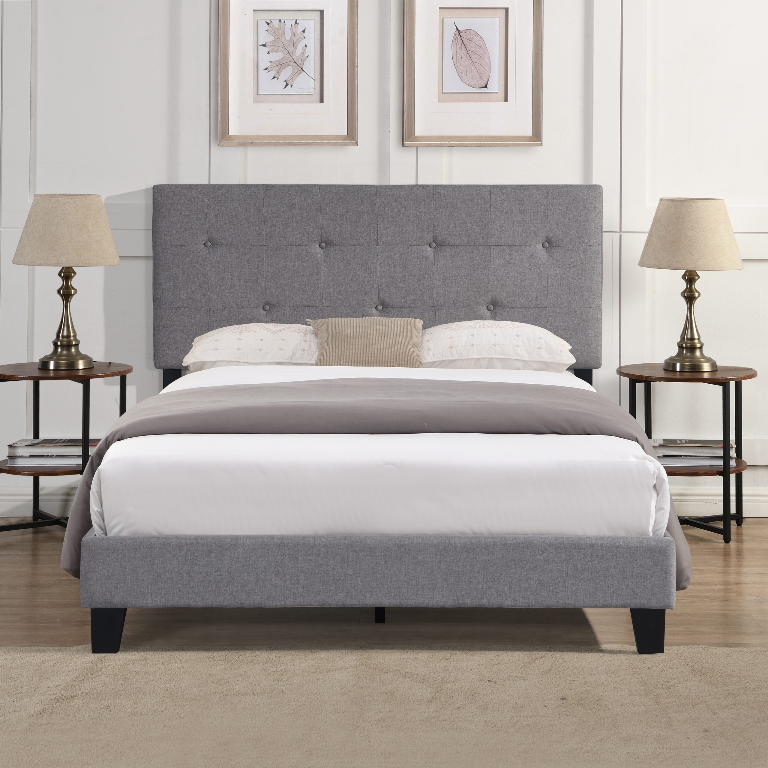 Full Size Upholstered Platform Bed Frame with Modern Button Tufted Linen Fabric Headboard, No Box Spring Needed, Wood Slat Support, Easy Assembly, Grey - Image 4