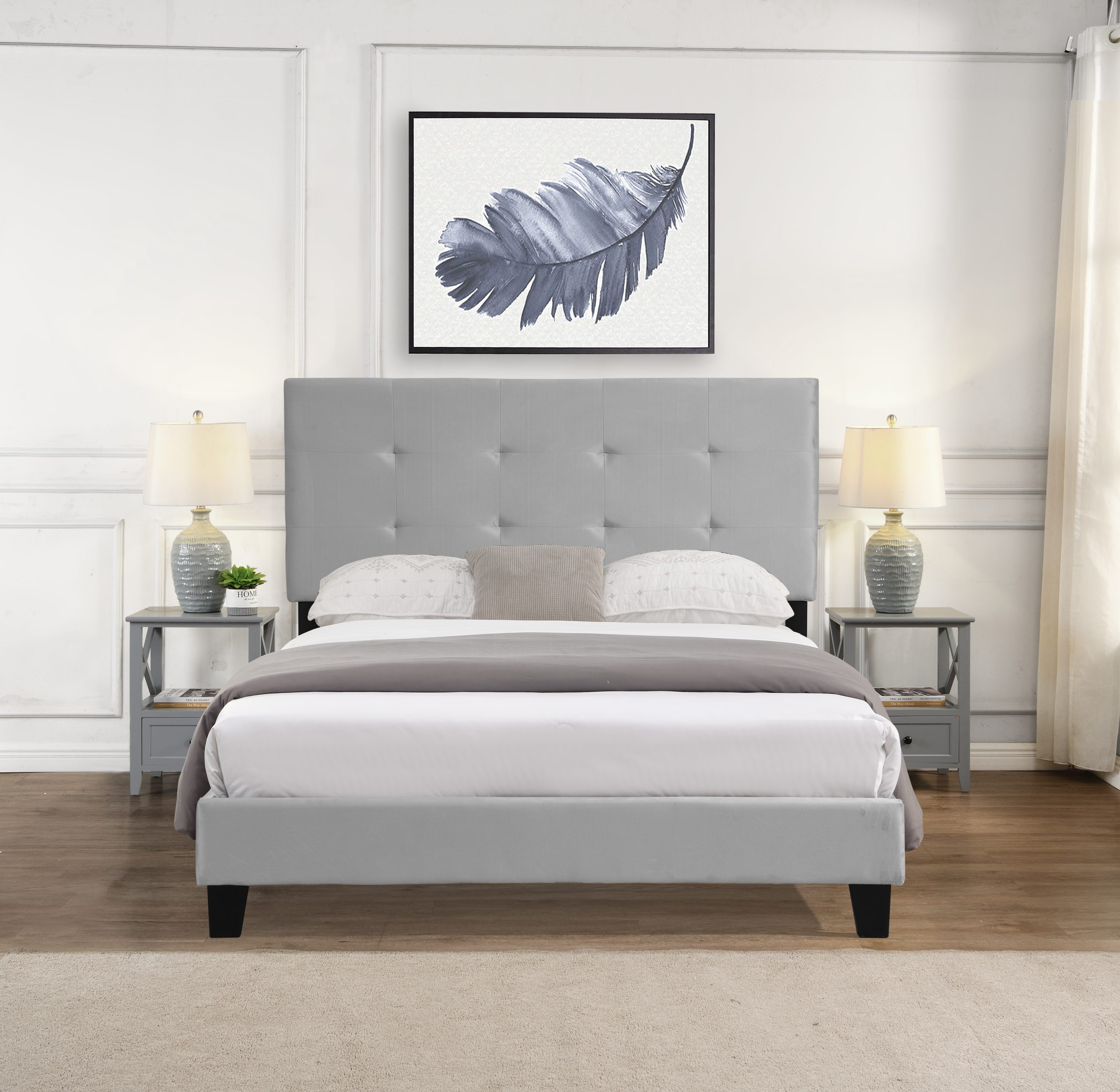 Full Size Upholstered Platform Bed Frame with pull point Tufted Headboard, Strong Wood Slat Support, Mattress Foundation, No Box Spring Needed, Easy Assembly, Gray - Image 2