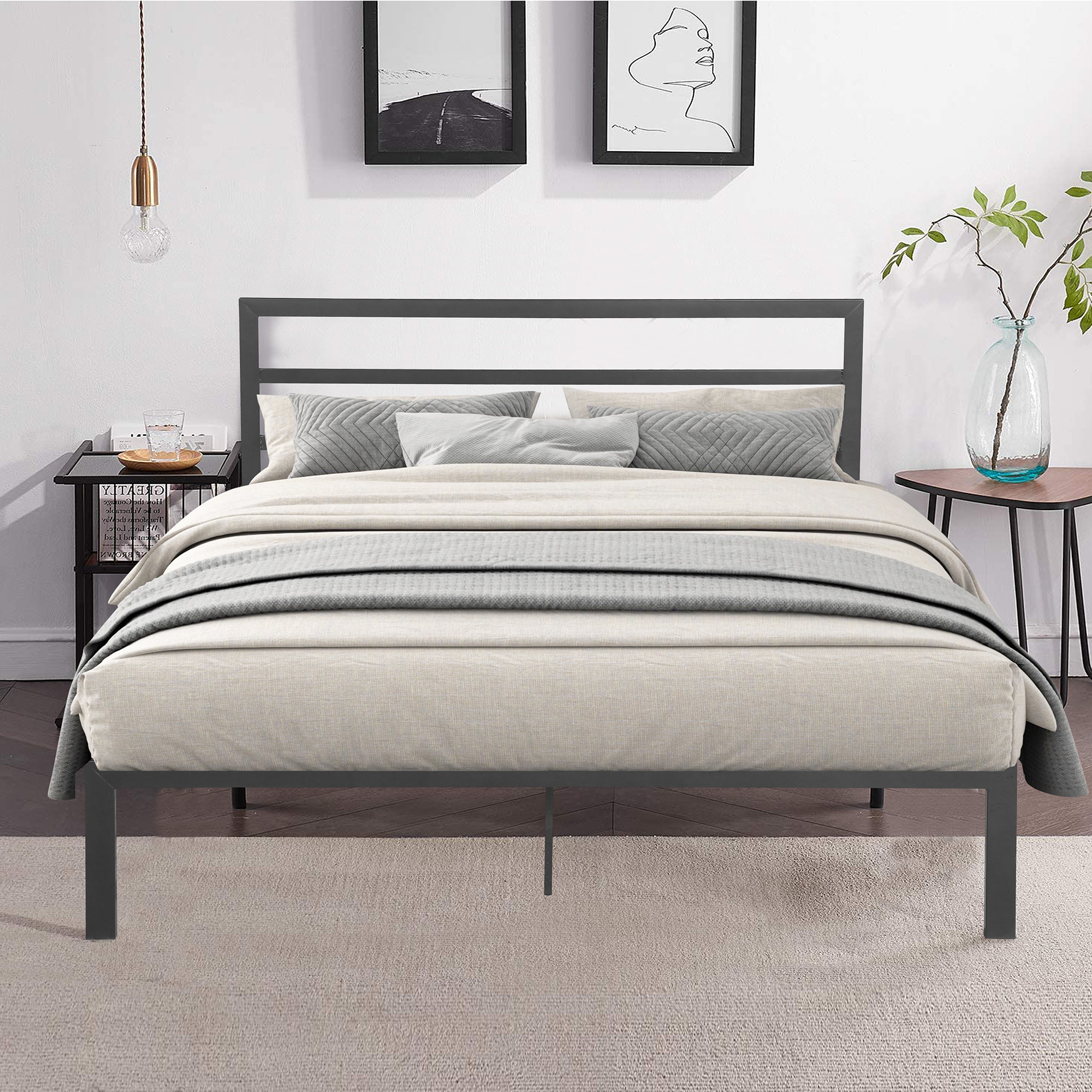 Queen Size Metal Bed Frame with Headboard Charcoal Grey - Image 2