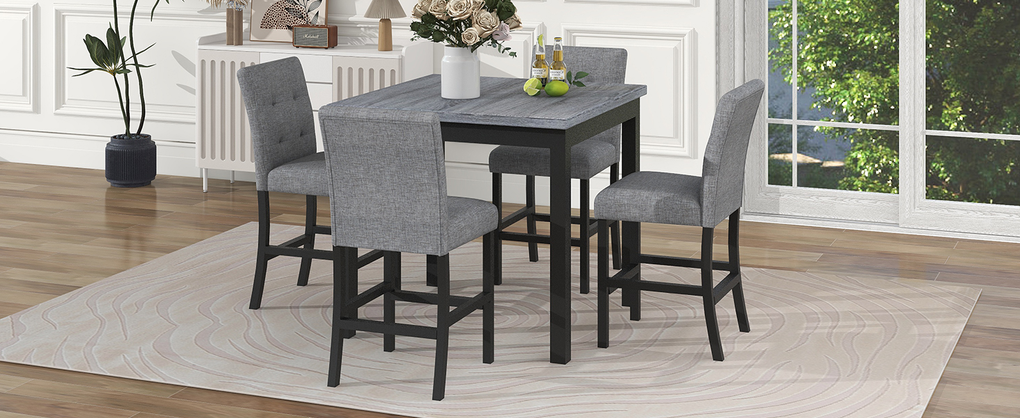 TOPMAX 5-Piece Counter Height Dining Set Wood Square Dining Room Table and Chairs Stools w/Footrest & 4 Upholstered high-back Chairs,Black - Image 2