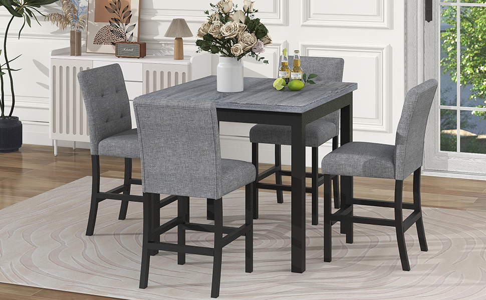 TOPMAX 5-Piece Counter Height Dining Set Wood Square Dining Room Table and Chairs Stools w/Footrest & 4 Upholstered high-back Chairs,Black - Image 3