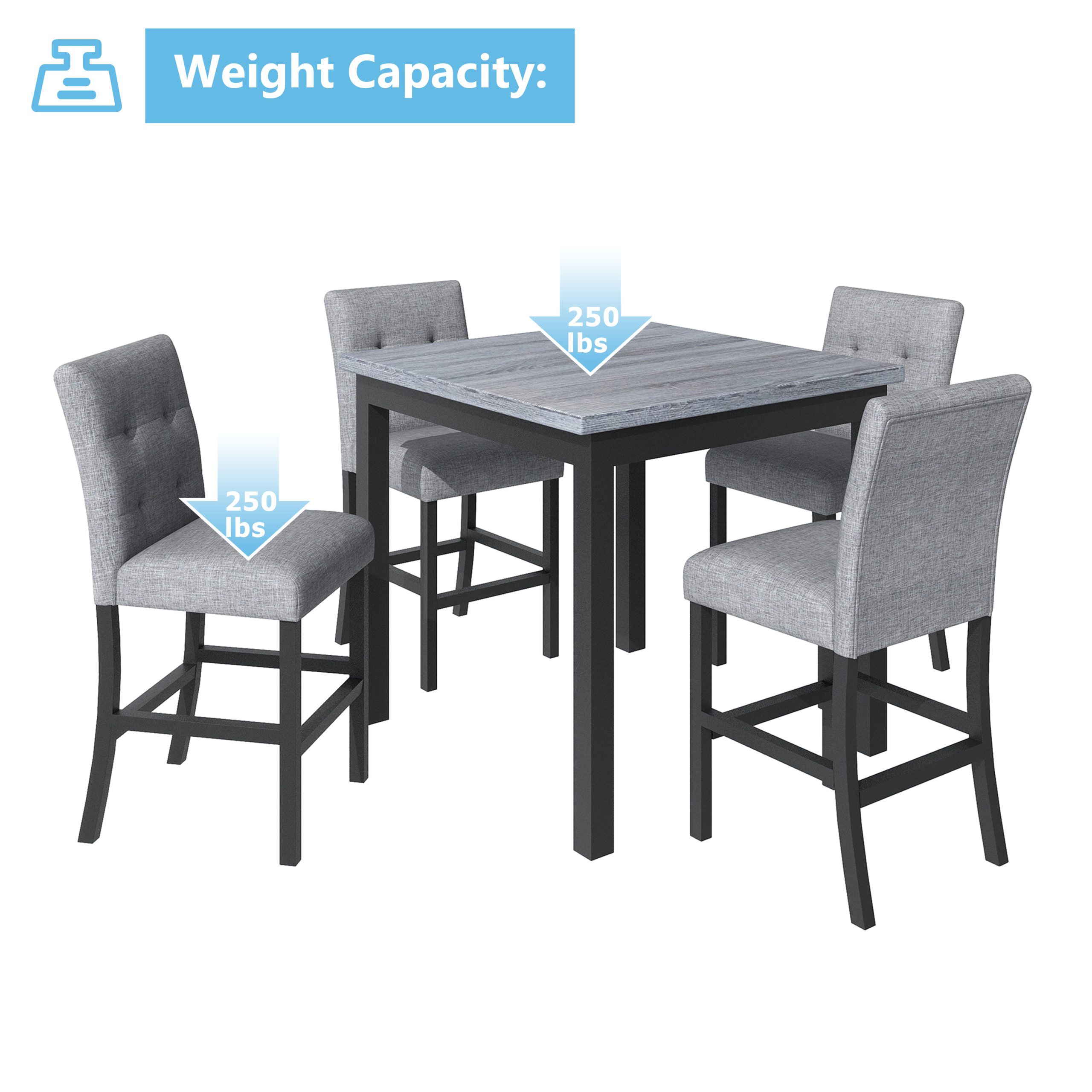 TOPMAX 5-Piece Counter Height Dining Set Wood Square Dining Room Table and Chairs Stools w/Footrest & 4 Upholstered high-back Chairs,Black - Image 6