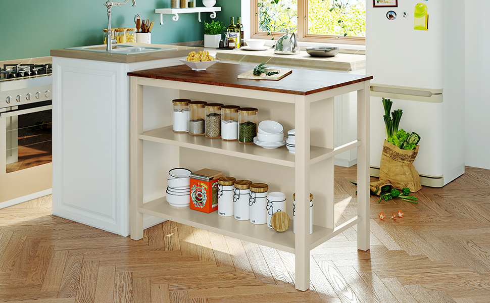 TOPMAX Solid Wood Rustic 45" Stationary Kitchen Island, Rubber Wood Butcher Block Dining Table Prep Table with 2 Open Shelves for Small Places,Walnut+Cream White - Image 2