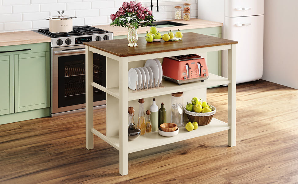 TOPMAX Solid Wood Rustic 45" Stationary Kitchen Island, Rubber Wood Butcher Block Dining Table Prep Table with 2 Open Shelves for Small Places,Walnut+Cream White - Image 3