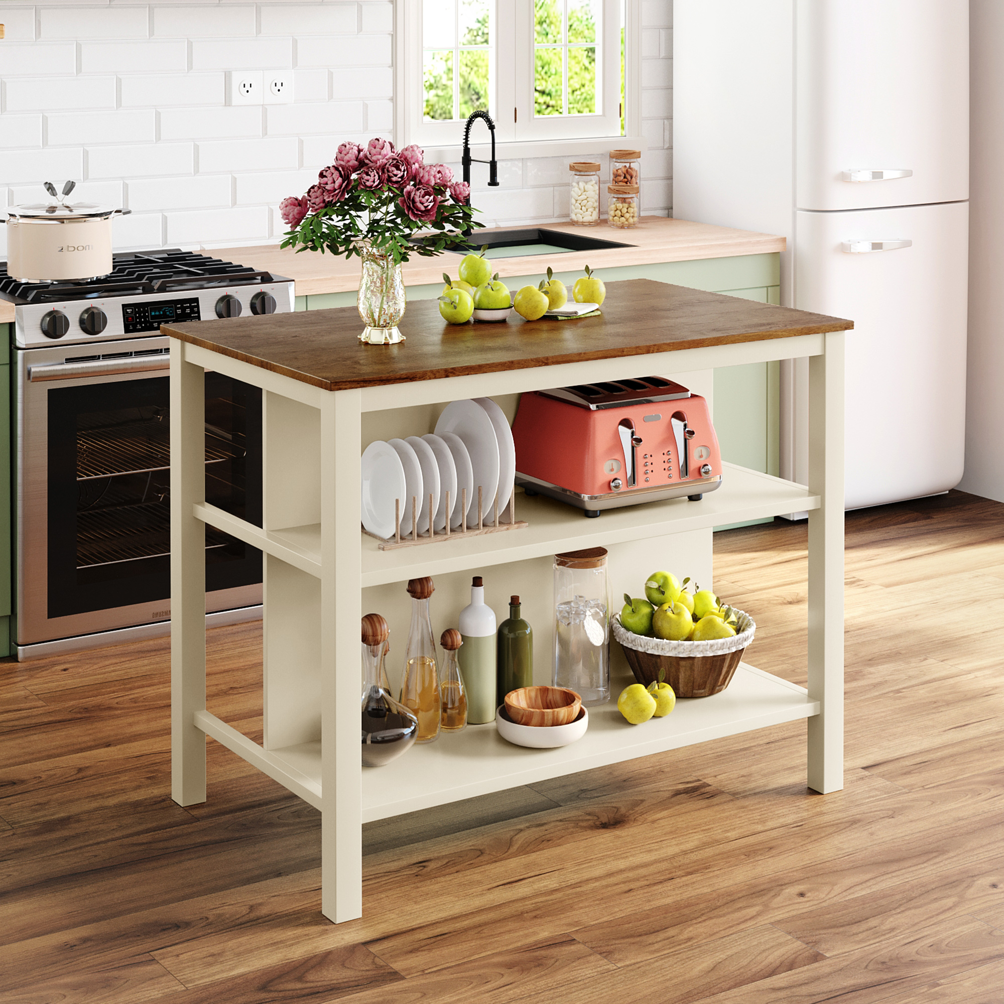TOPMAX Solid Wood Rustic 45" Stationary Kitchen Island, Rubber Wood Butcher Block Dining Table Prep Table with 2 Open Shelves for Small Places,Walnut+Cream White - Image 4