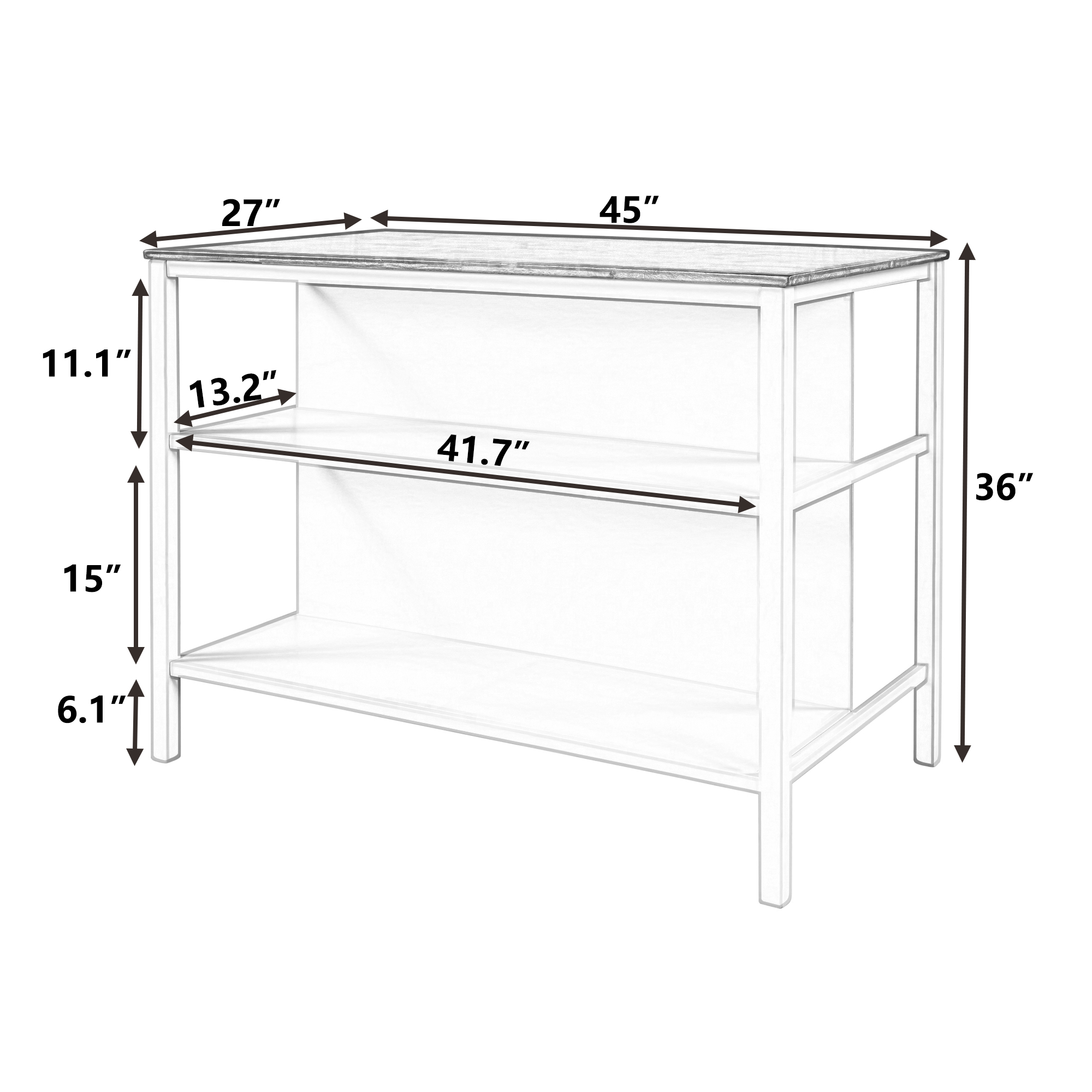 TOPMAX Solid Wood Rustic 45" Stationary Kitchen Island, Rubber Wood Butcher Block Dining Table Prep Table with 2 Open Shelves for Small Places,Walnut+Cream White - Image 5