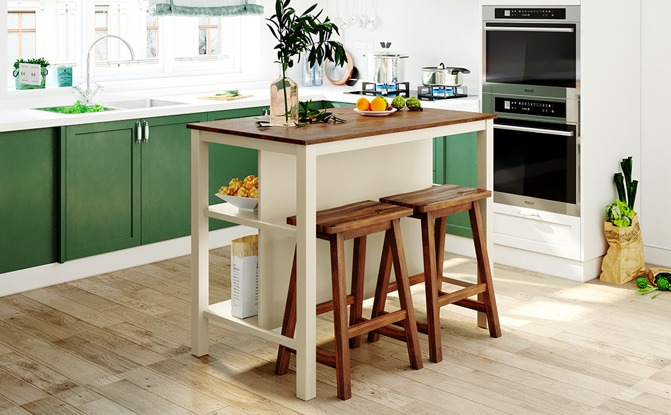 TOPMAX Solid Wood Rustic 3-piece 45" Stationary Kitchen Island Set with 2 Seatings, Rubber Wood Butcher Block Dining Table Set Prep Table Set with 2 Open Shelves for Small Places,Walnut+Cream White - Image 2
