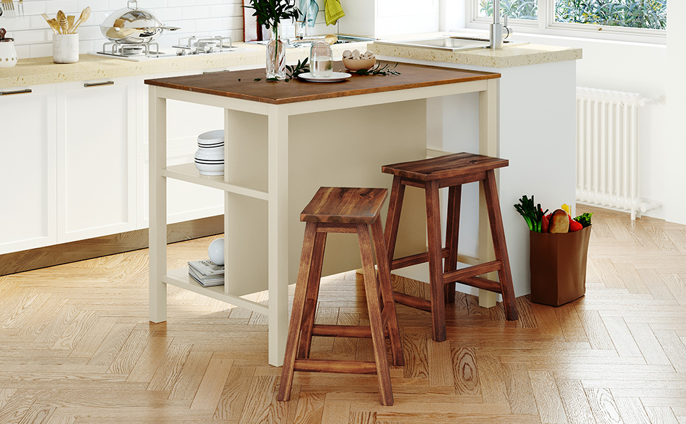TOPMAX Solid Wood Rustic 3-piece 45" Stationary Kitchen Island Set with 2 Seatings, Rubber Wood Butcher Block Dining Table Set Prep Table Set with 2 Open Shelves for Small Places,Walnut+Cream White - Image 3