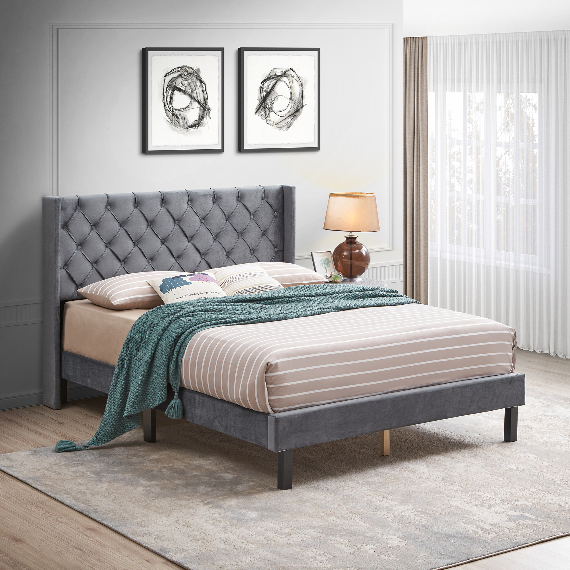 Velvet Button Tufted-Upholstered Bed with Wings Design – Strong Wood Slat Support – Easy Assembly – Gray, Queen, platform bed
