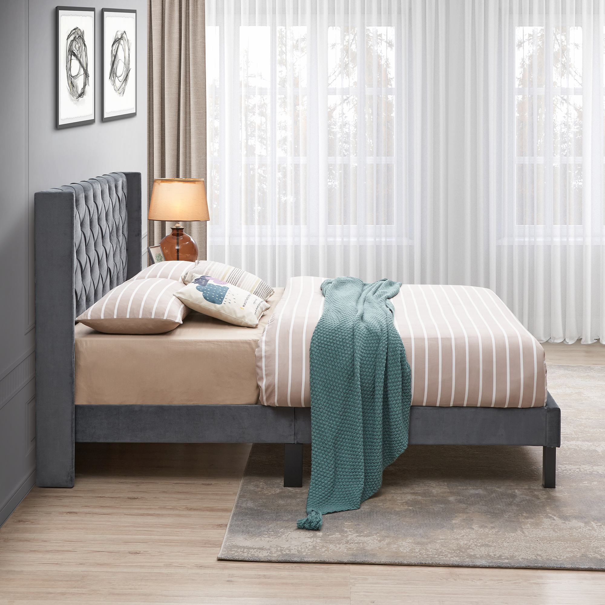 Velvet Button Tufted-Upholstered Bed with Wings Design - Strong Wood Slat Support - Easy Assembly - Gray, Queen, platform bed - Image 2