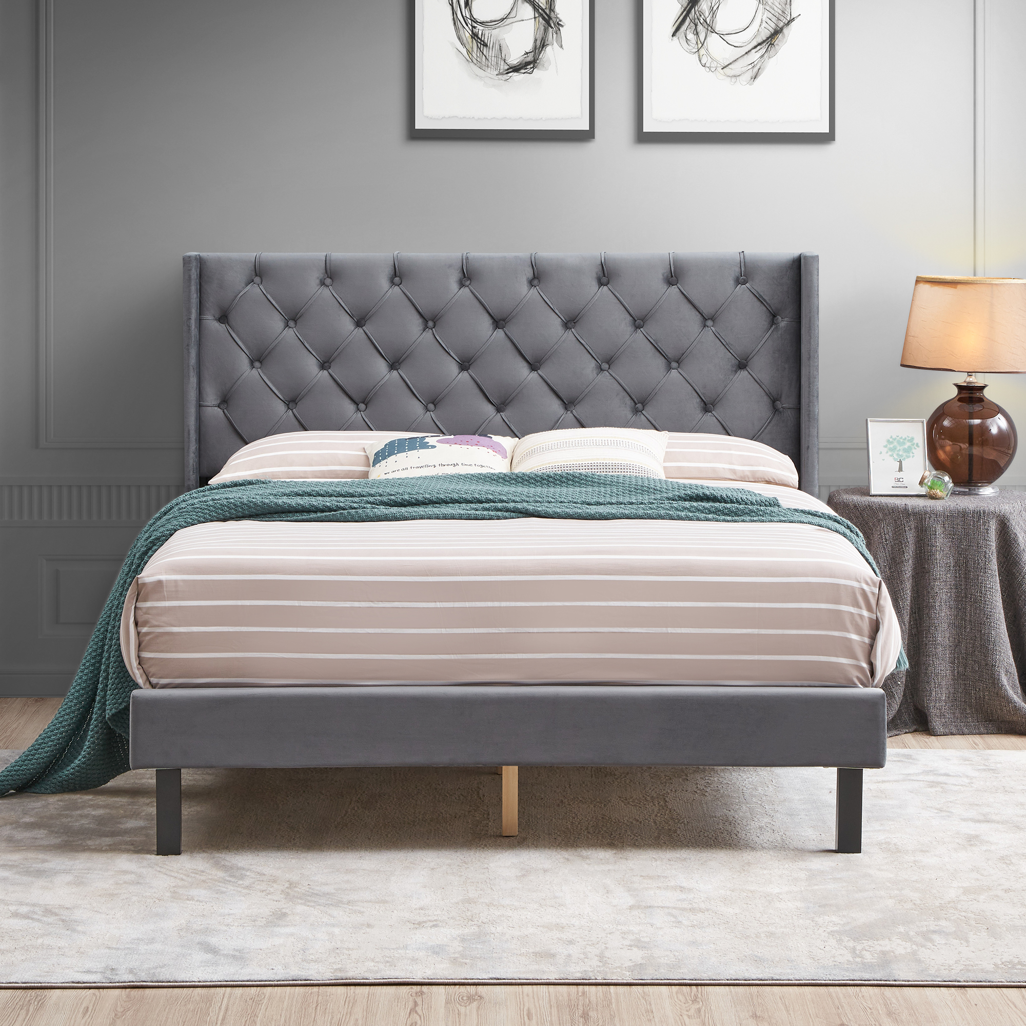 Velvet Button Tufted-Upholstered Bed with Wings Design - Strong Wood Slat Support - Easy Assembly - Gray, Queen, platform bed - Image 3