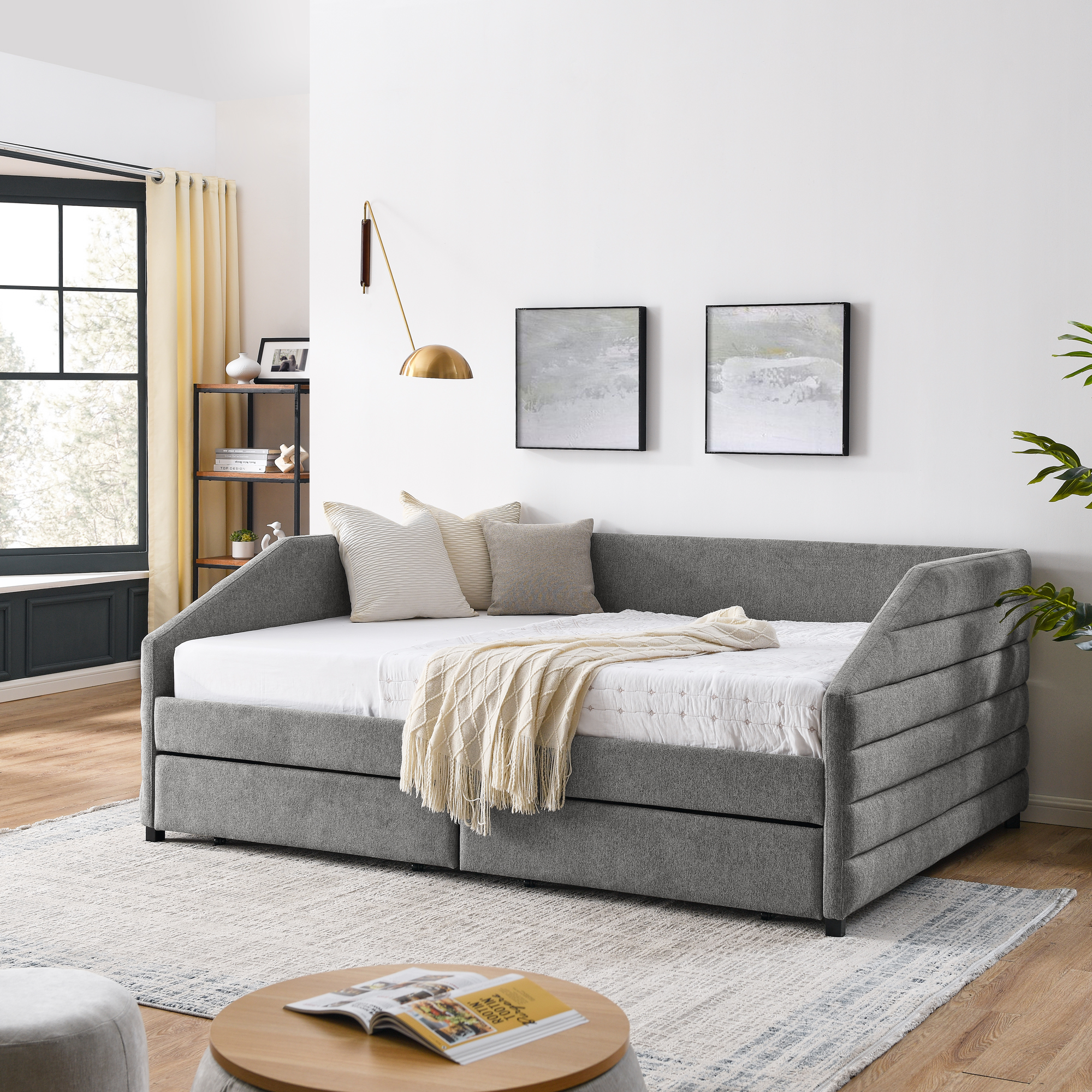 Queen Size Daybed with Two Drawers Trundle Upholstered Tufted Sofa Bed, Linen Fabric, Grey (88"x64.5"x34") - Image 2