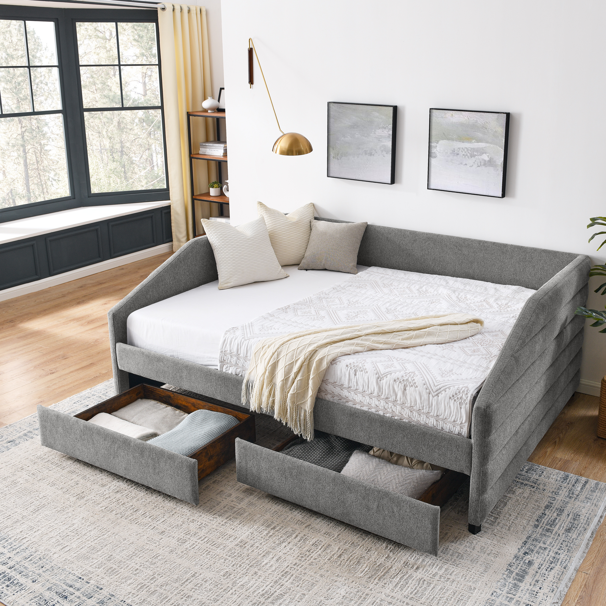 Queen Size Daybed with Two Drawers Trundle Upholstered Tufted Sofa Bed, Linen Fabric, Grey (88"x64.5"x34") - Image 3