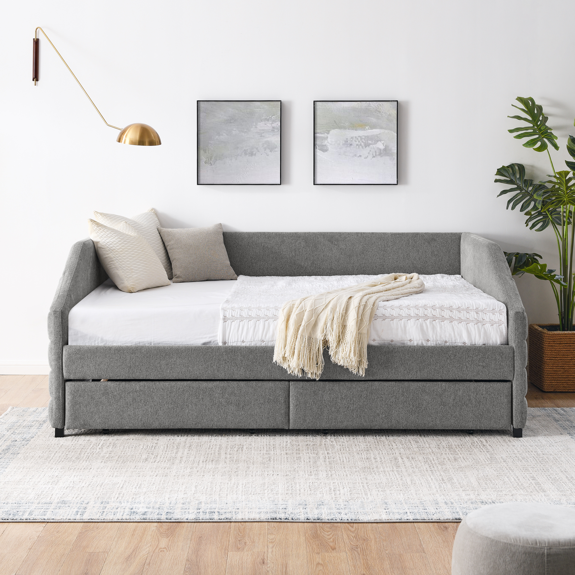 Queen Size Daybed with Two Drawers Trundle Upholstered Tufted Sofa Bed, Linen Fabric, Grey (88"x64.5"x34") - Image 4