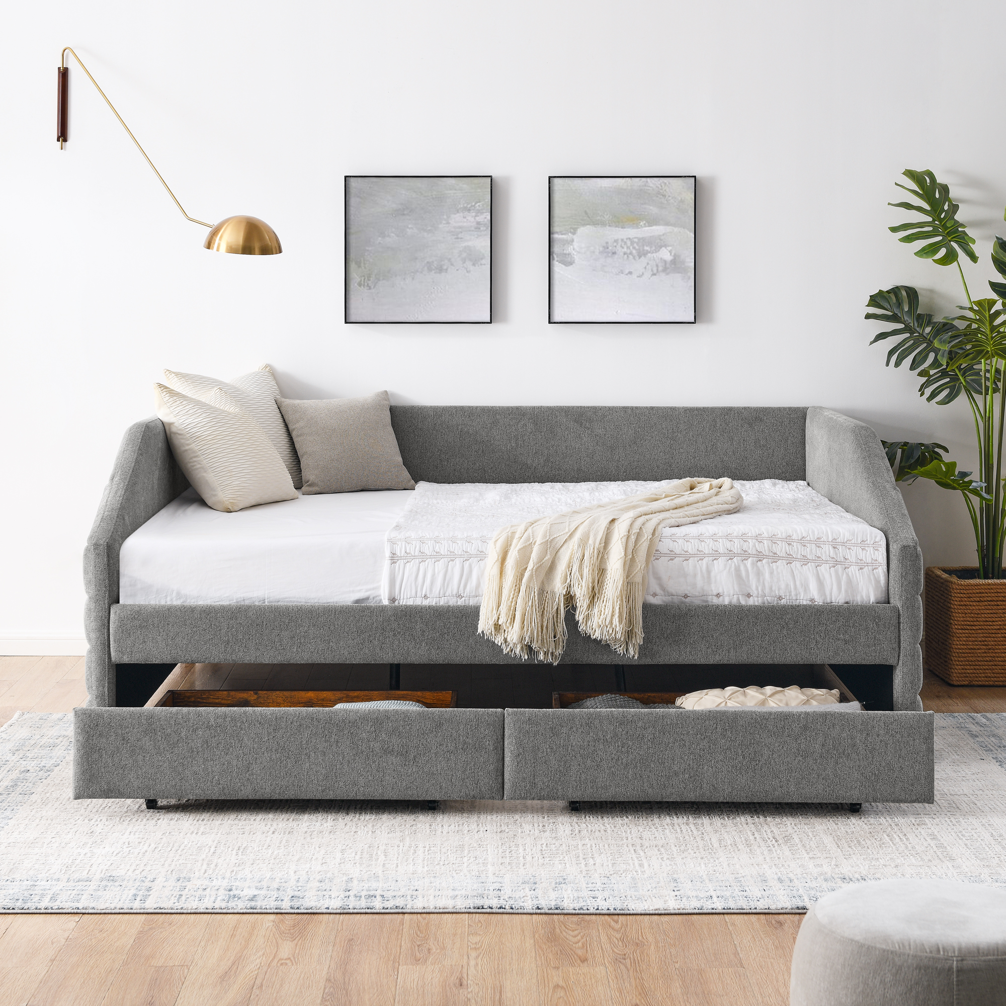 Queen Size Daybed with Two Drawers Trundle Upholstered Tufted Sofa Bed, Linen Fabric, Grey (88"x64.5"x34") - Image 5