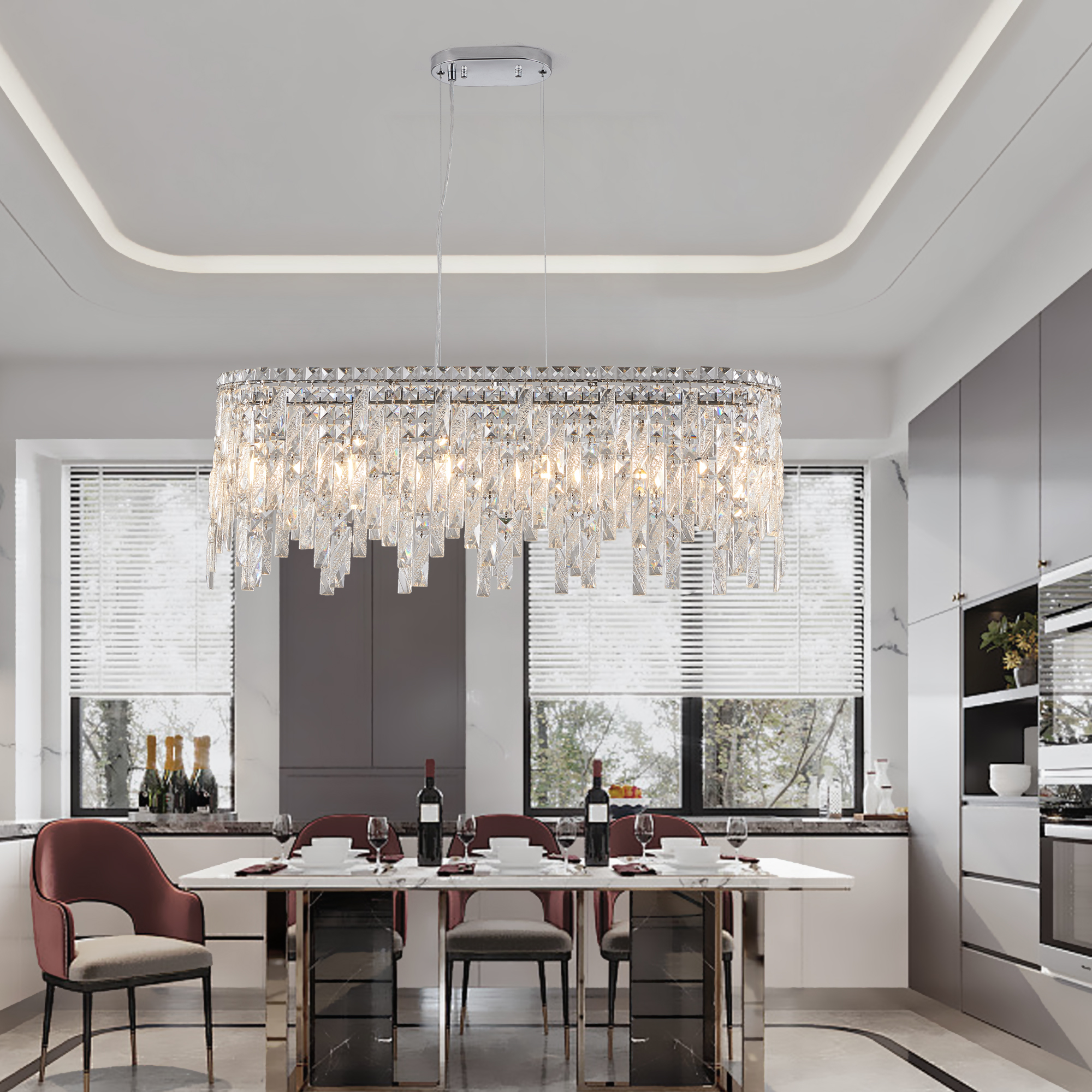 (Same as W1340P189443/L5024-880-C) Silver Elegant Oval Crystal Chandelier, Modern Ceiling Light Fixture with Reflective Hanging Crystals for Dining Room, Living Room, and FoyerS (Bulbs Not Included)