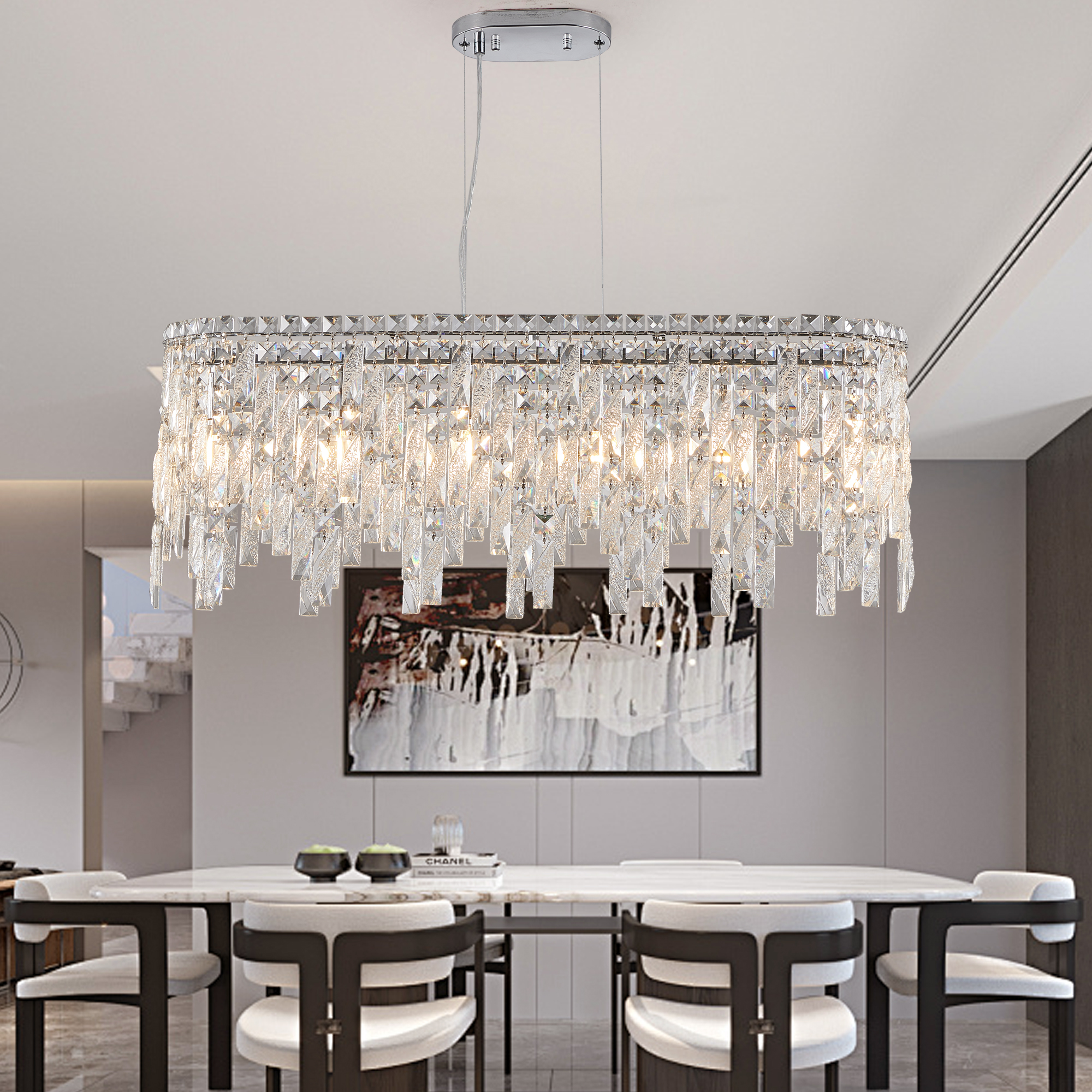 (Same as W1340P189443/L5024-880-C) Silver Elegant Oval Crystal Chandelier, Modern Ceiling Light Fixture with Reflective Hanging Crystals for Dining Room, Living Room, and FoyerS (Bulbs Not Included) - Image 2