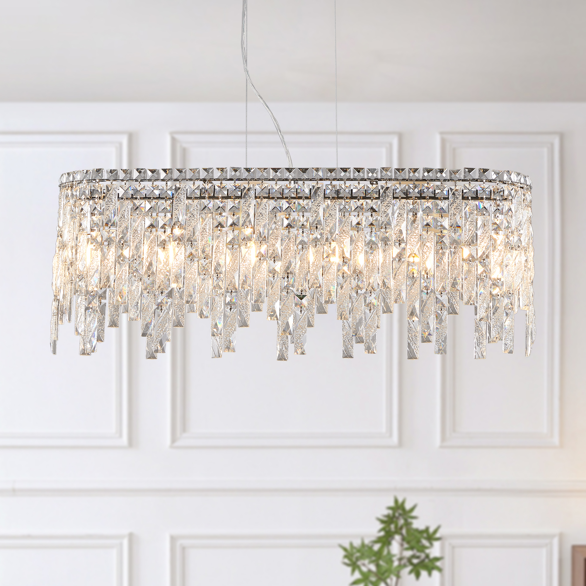 (Same as W1340P189443/L5024-880-C) Silver Elegant Oval Crystal Chandelier, Modern Ceiling Light Fixture with Reflective Hanging Crystals for Dining Room, Living Room, and FoyerS (Bulbs Not Included) - Image 3