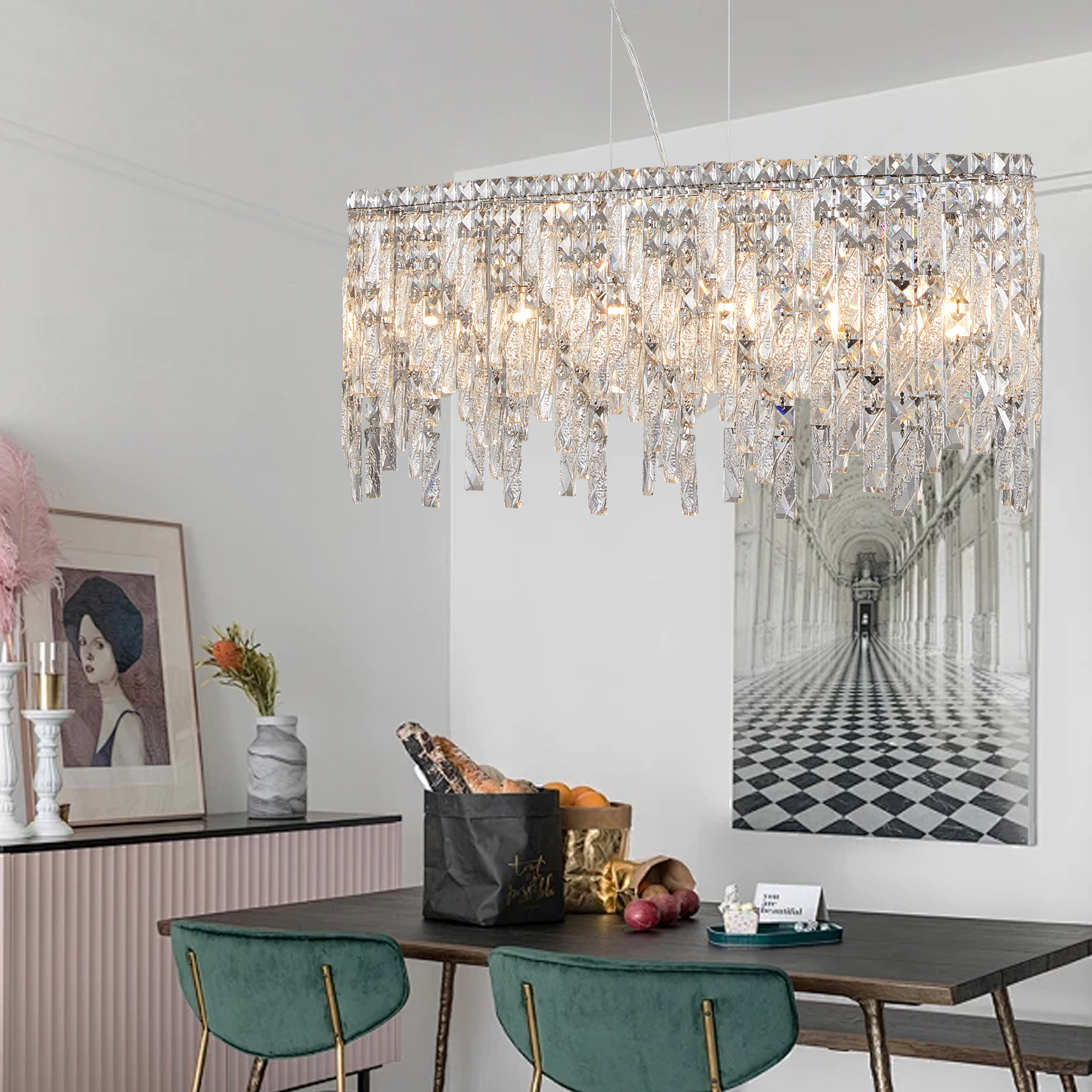 (Same as W1340P189443/L5024-880-C) Silver Elegant Oval Crystal Chandelier, Modern Ceiling Light Fixture with Reflective Hanging Crystals for Dining Room, Living Room, and FoyerS (Bulbs Not Included) - Image 4
