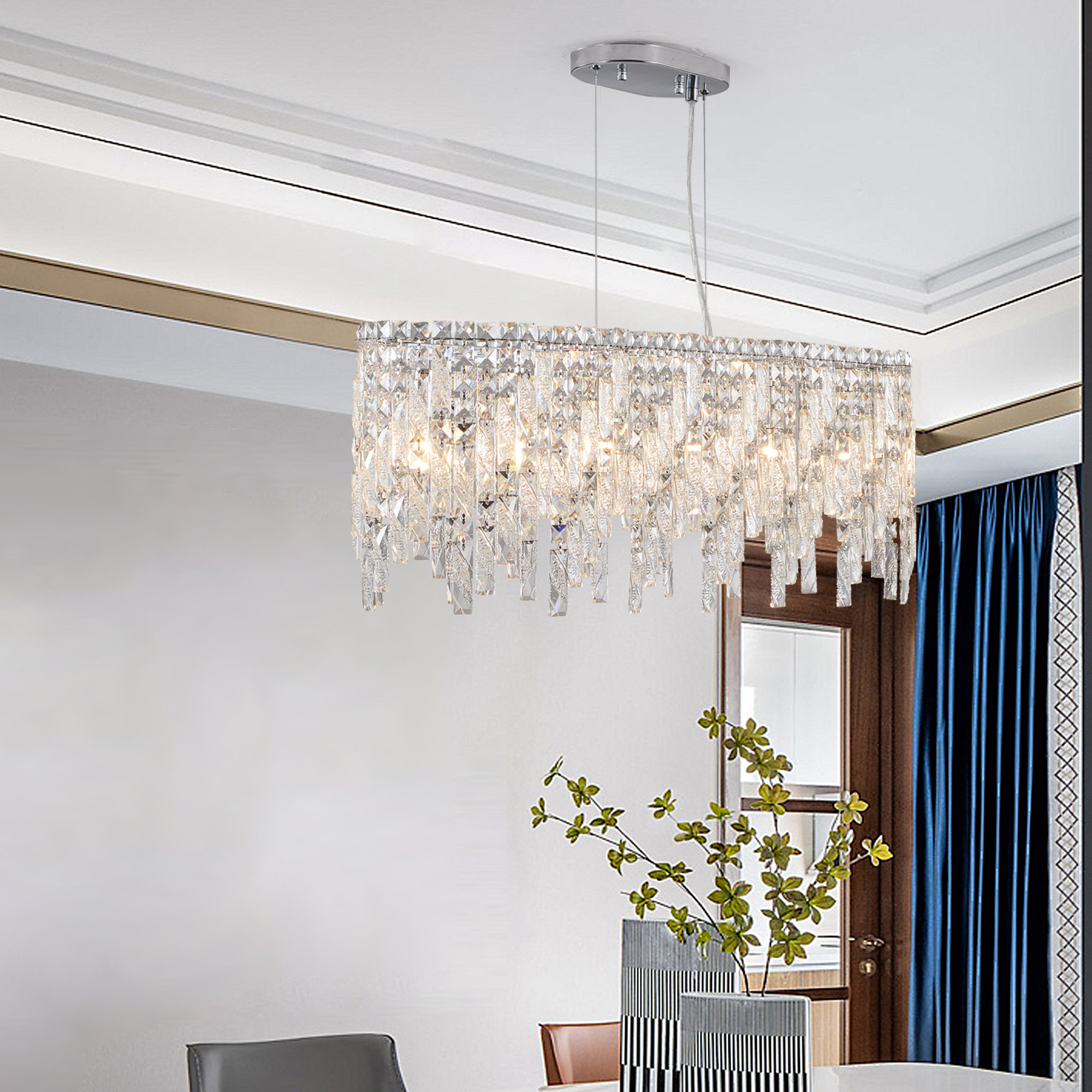(Same as W1340P189443/L5024-880-C) Silver Elegant Oval Crystal Chandelier, Modern Ceiling Light Fixture with Reflective Hanging Crystals for Dining Room, Living Room, and FoyerS (Bulbs Not Included) - Image 5