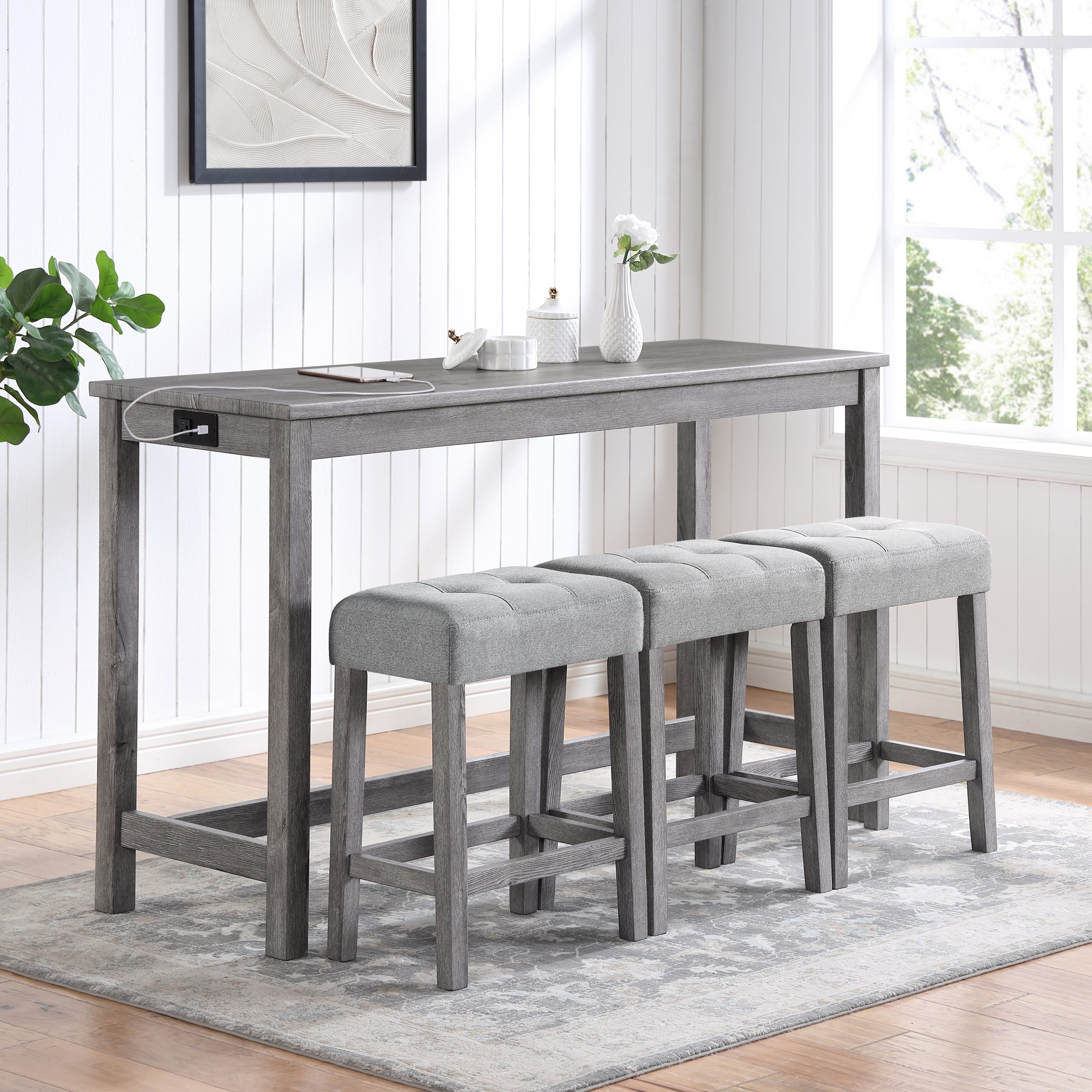 Bar Table Set with Power Outlet, Bar Table and Chairs Set, 4 Piece Dining Table Set, Industrial Breakfast Table Set, for Living Room, Dining Room, Game Room