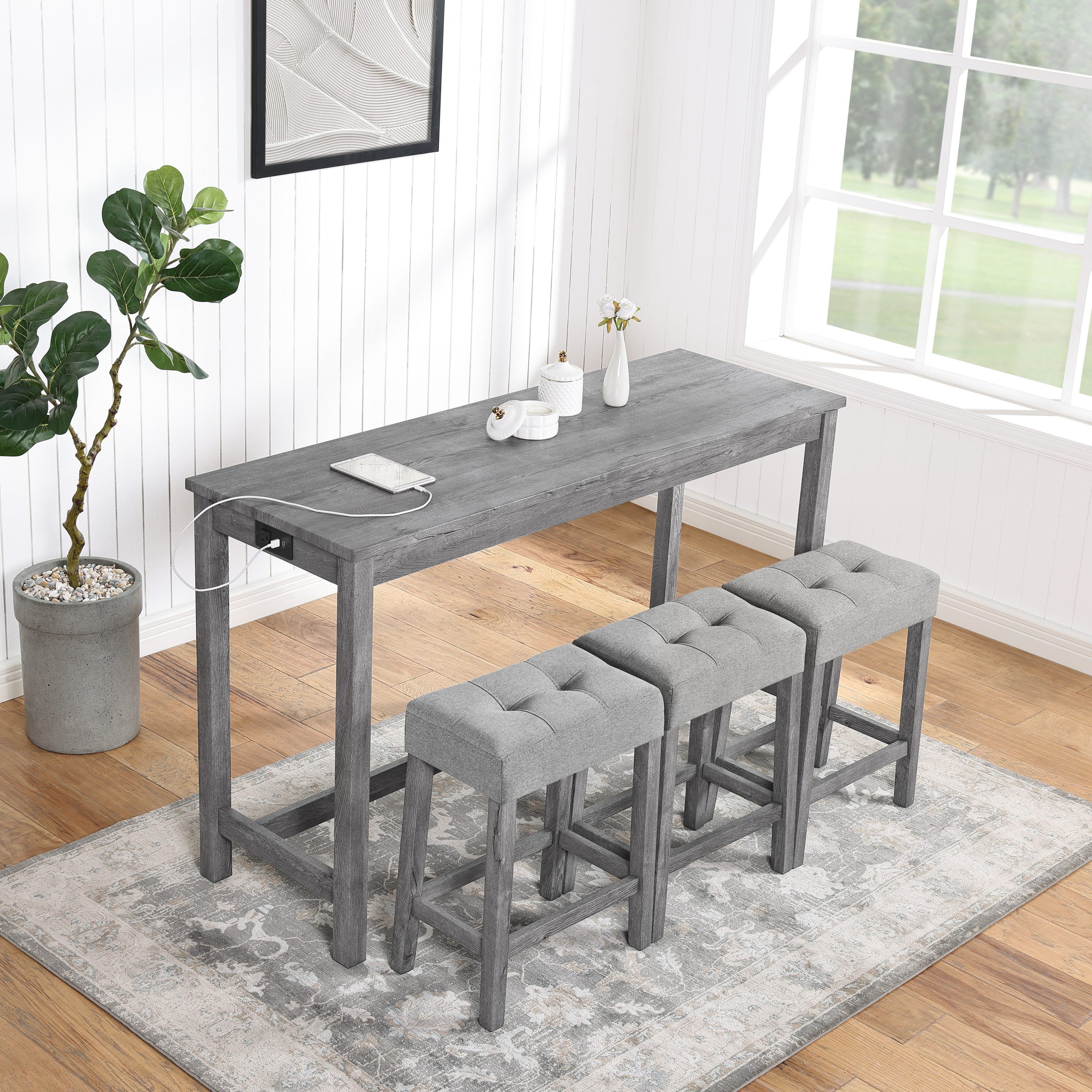 Bar Table Set with Power Outlet, Bar Table and Chairs Set, 4 Piece Dining Table Set, Industrial Breakfast Table Set, for Living Room, Dining Room, Game Room - Image 2