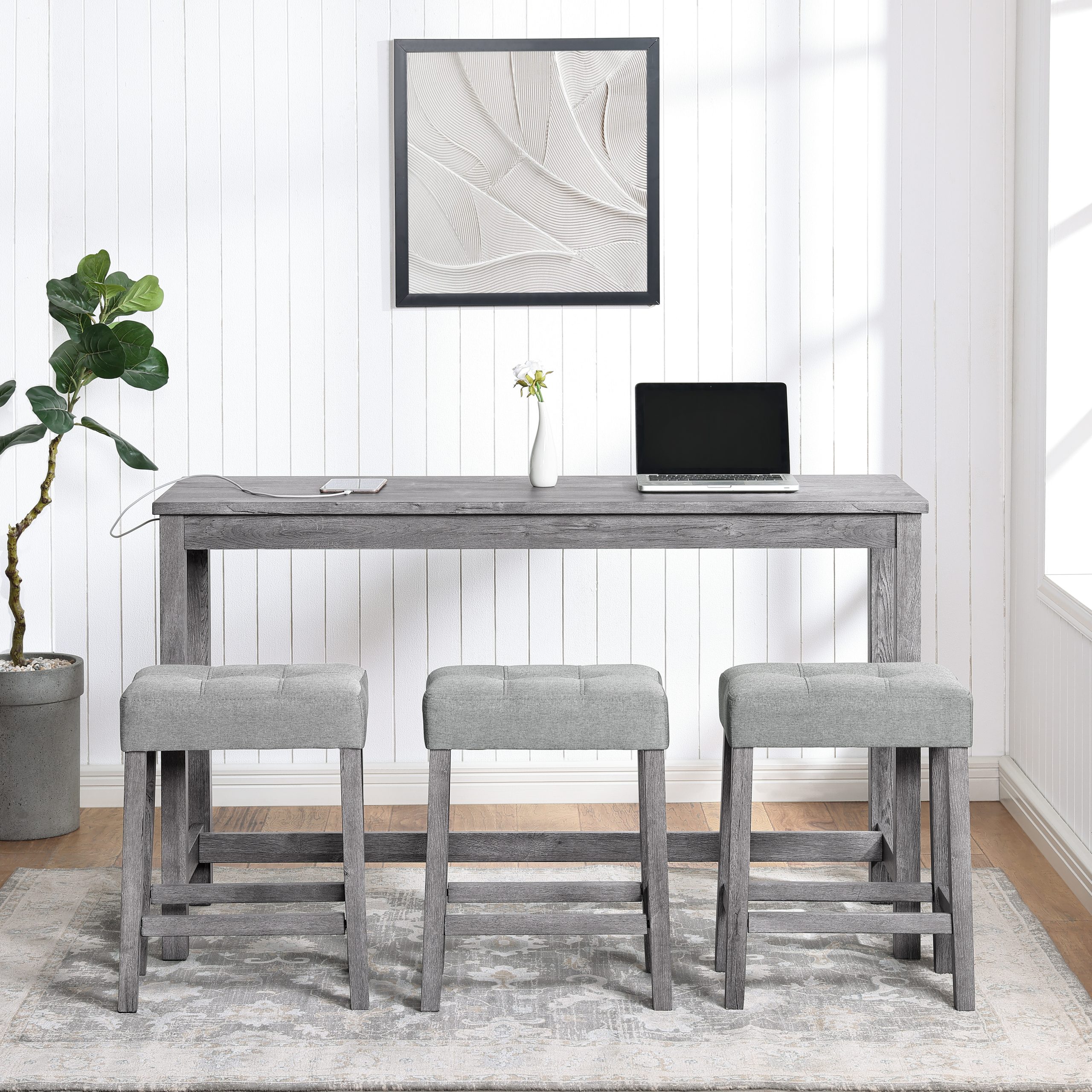 Bar Table Set with Power Outlet, Bar Table and Chairs Set, 4 Piece Dining Table Set, Industrial Breakfast Table Set, for Living Room, Dining Room, Game Room - Image 3