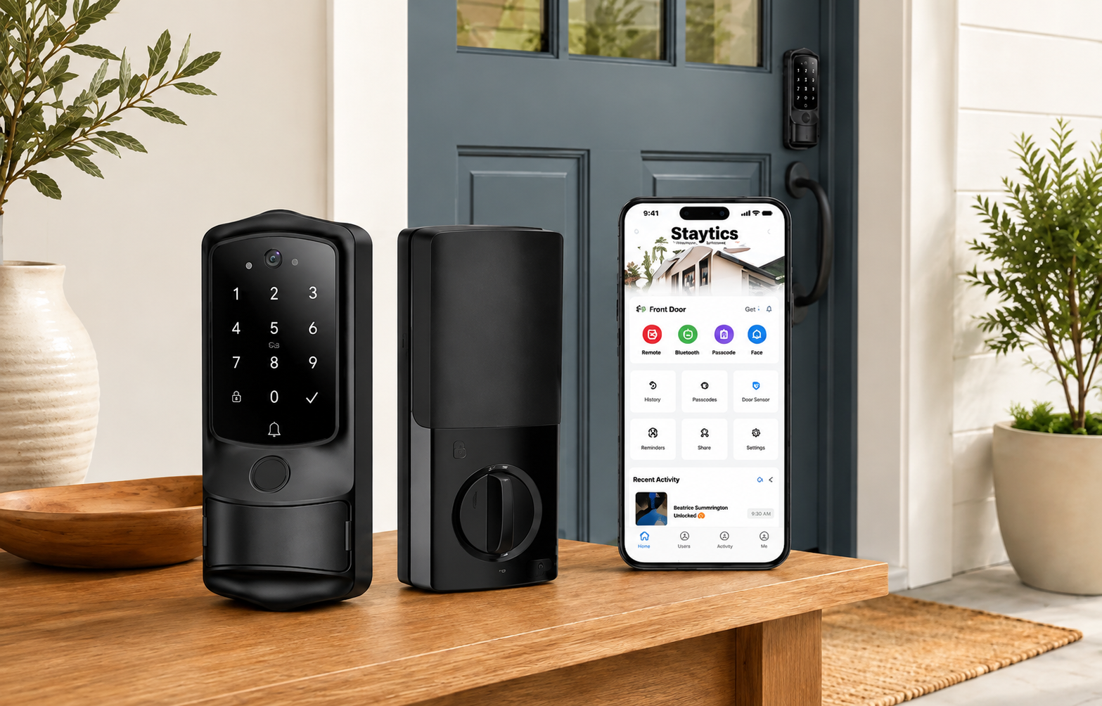 Staytics smart hardware and mobile app on vacation rental wooden porch table